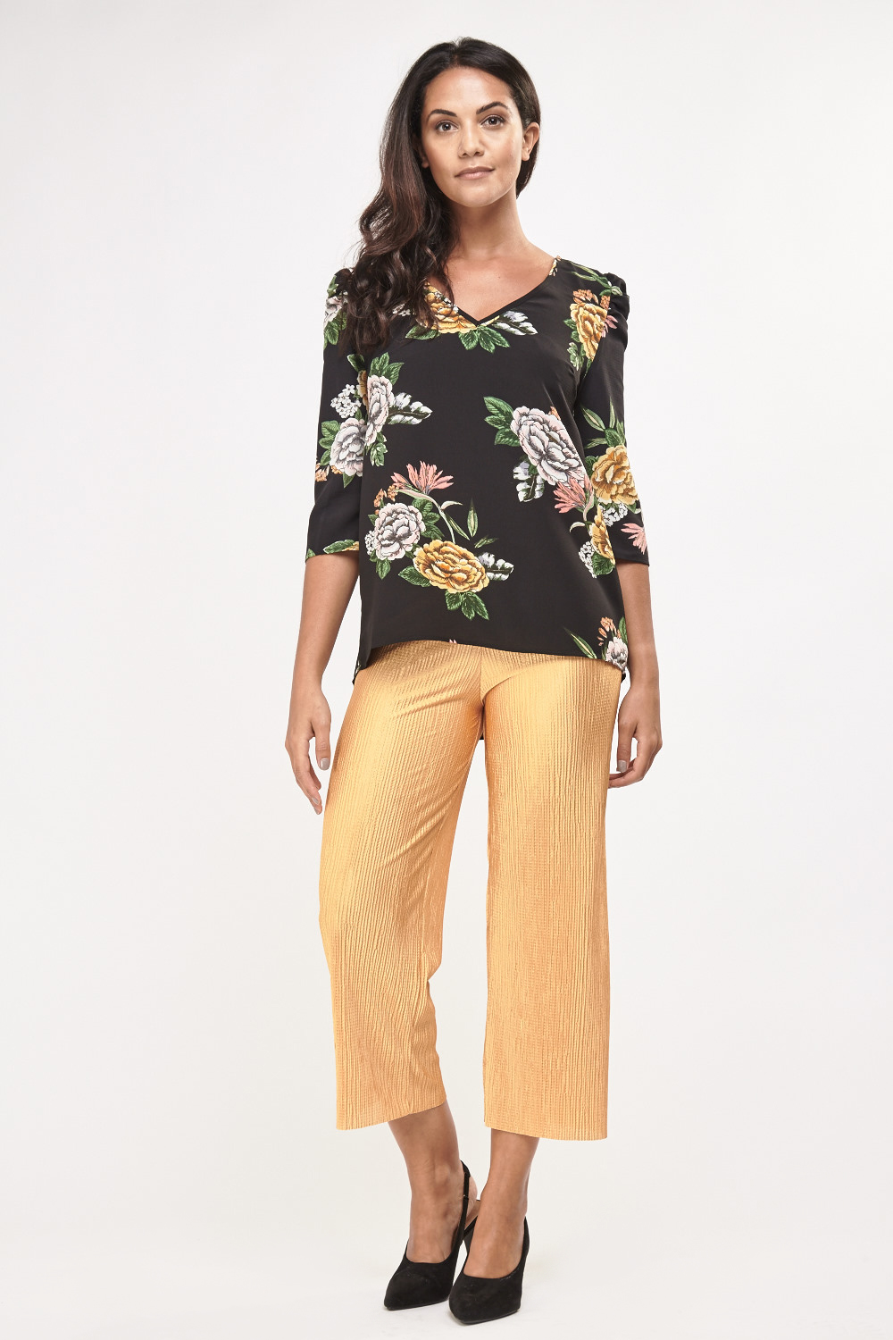 Floral Printed Ruched Sleeve Blouse - Just $3