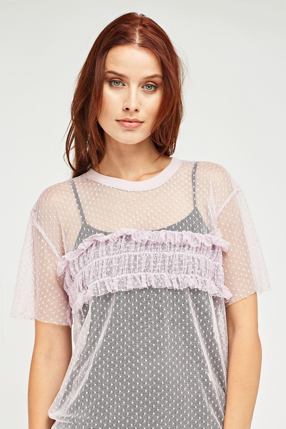 Ruched Detail Sheer Mesh Top Lilac Just 3