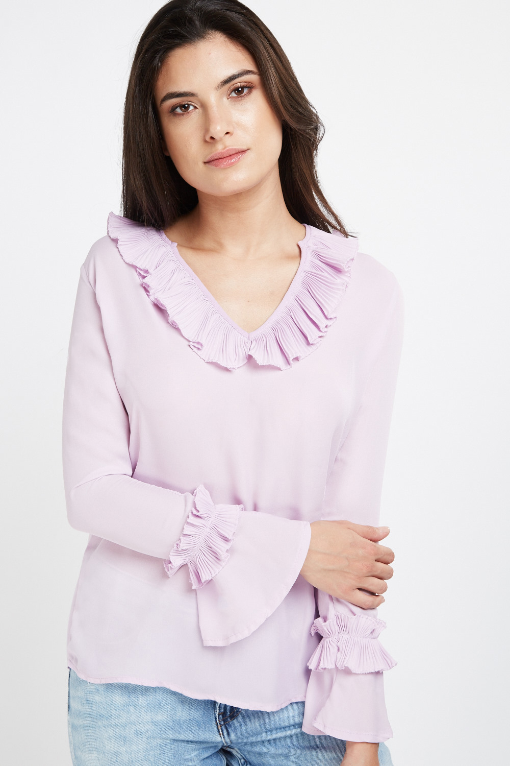 Pleated Ruffle Trim Sheer Blouse - Just $3
