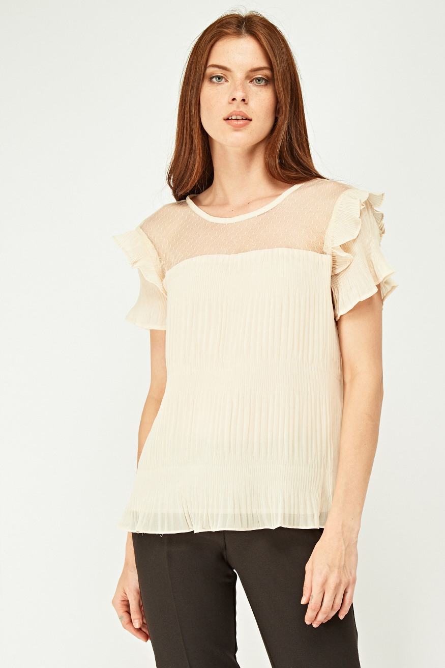 Lace Insert Pleated Blouse - Just $3