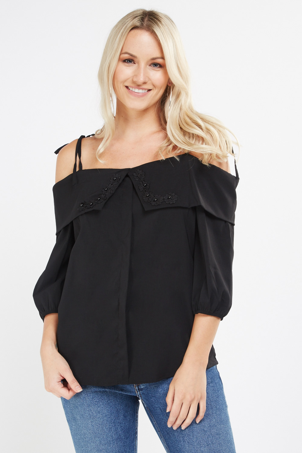 Embroidered Tie Up Strap Blouse - Just $3