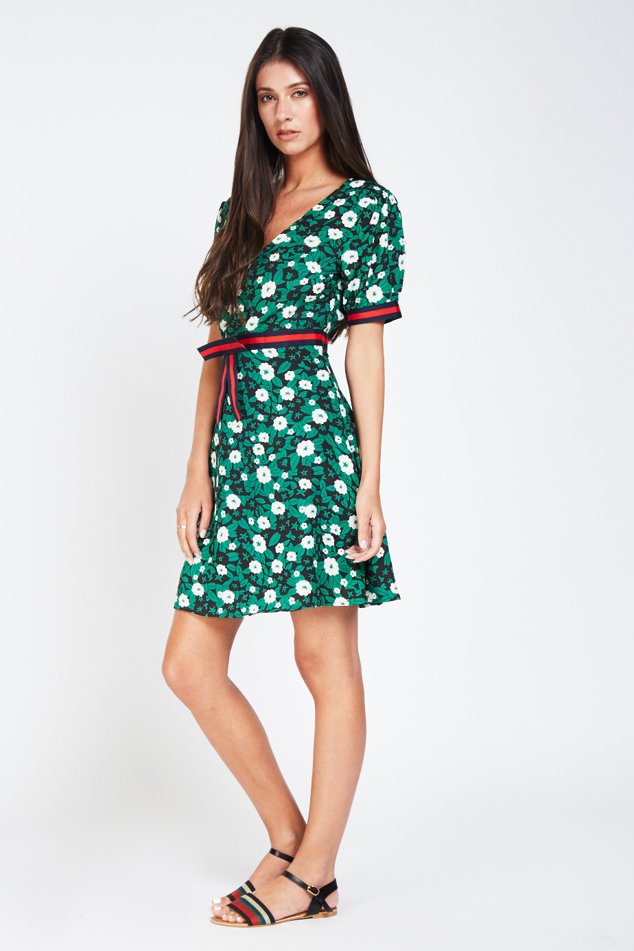 Printed Striped Ribbon Tie Frilly Dress - Just $3