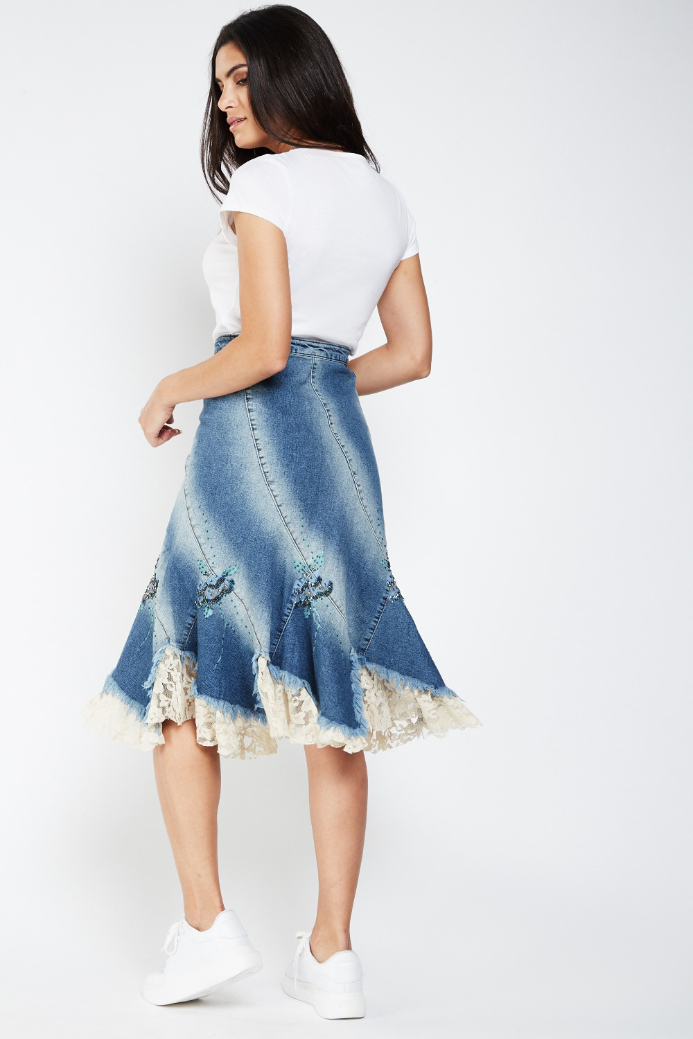 Embellished Lace Trim Flared Denim Skirt - Just $7