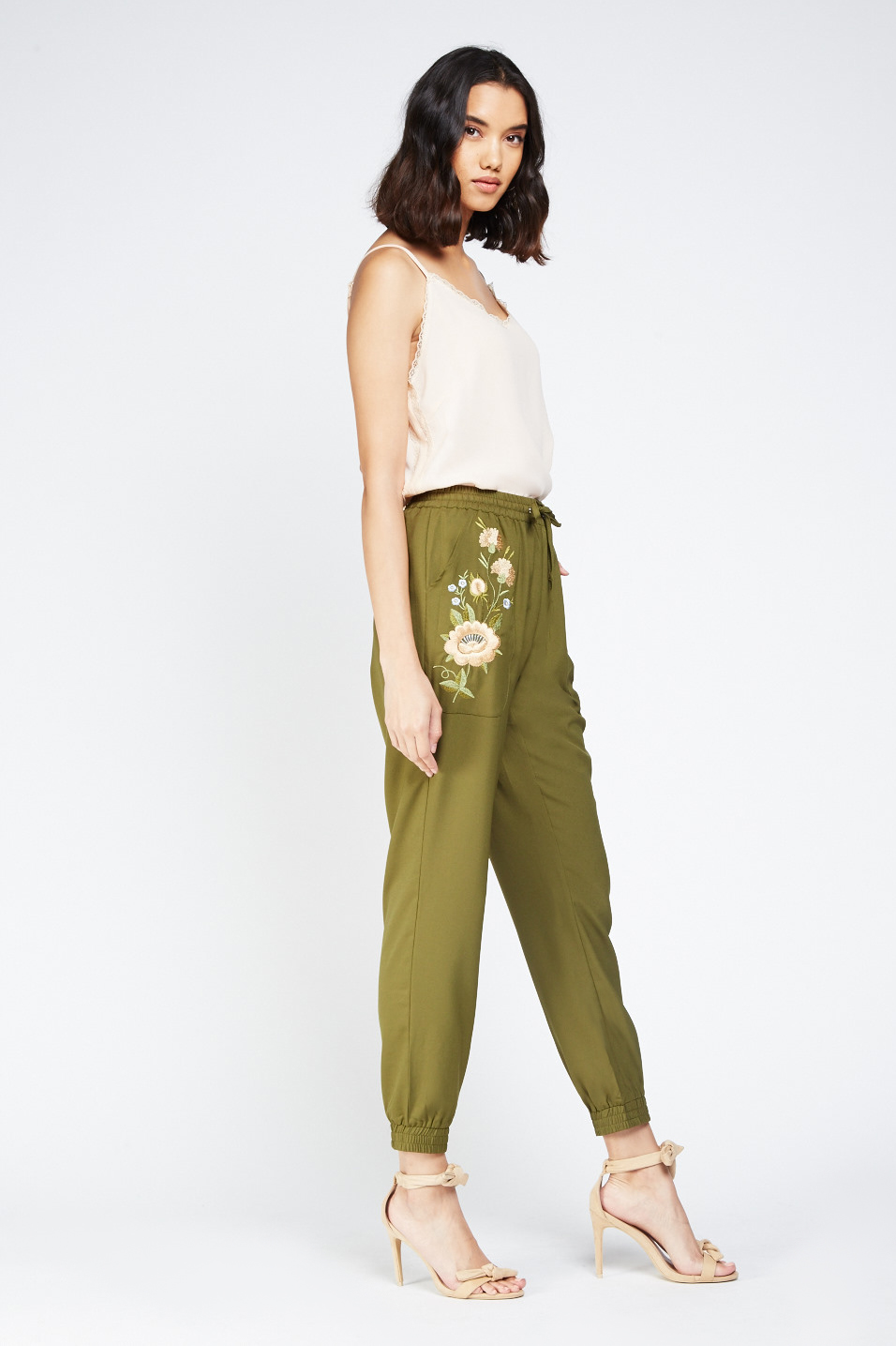 Flower Embroidered Tapered Joggers - Just $7