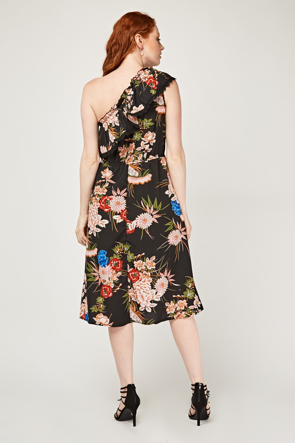 Floral Ruffle Asymmetric Midi Dress - Just $7