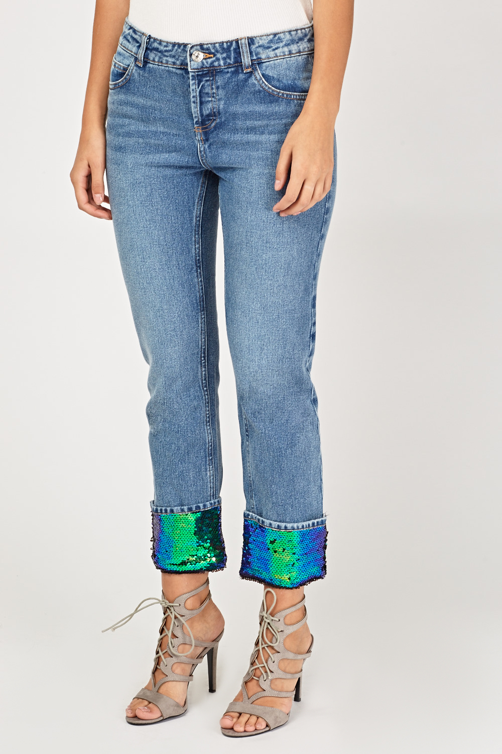 Sequined Rolled Hem Denim Jeans - Just $3