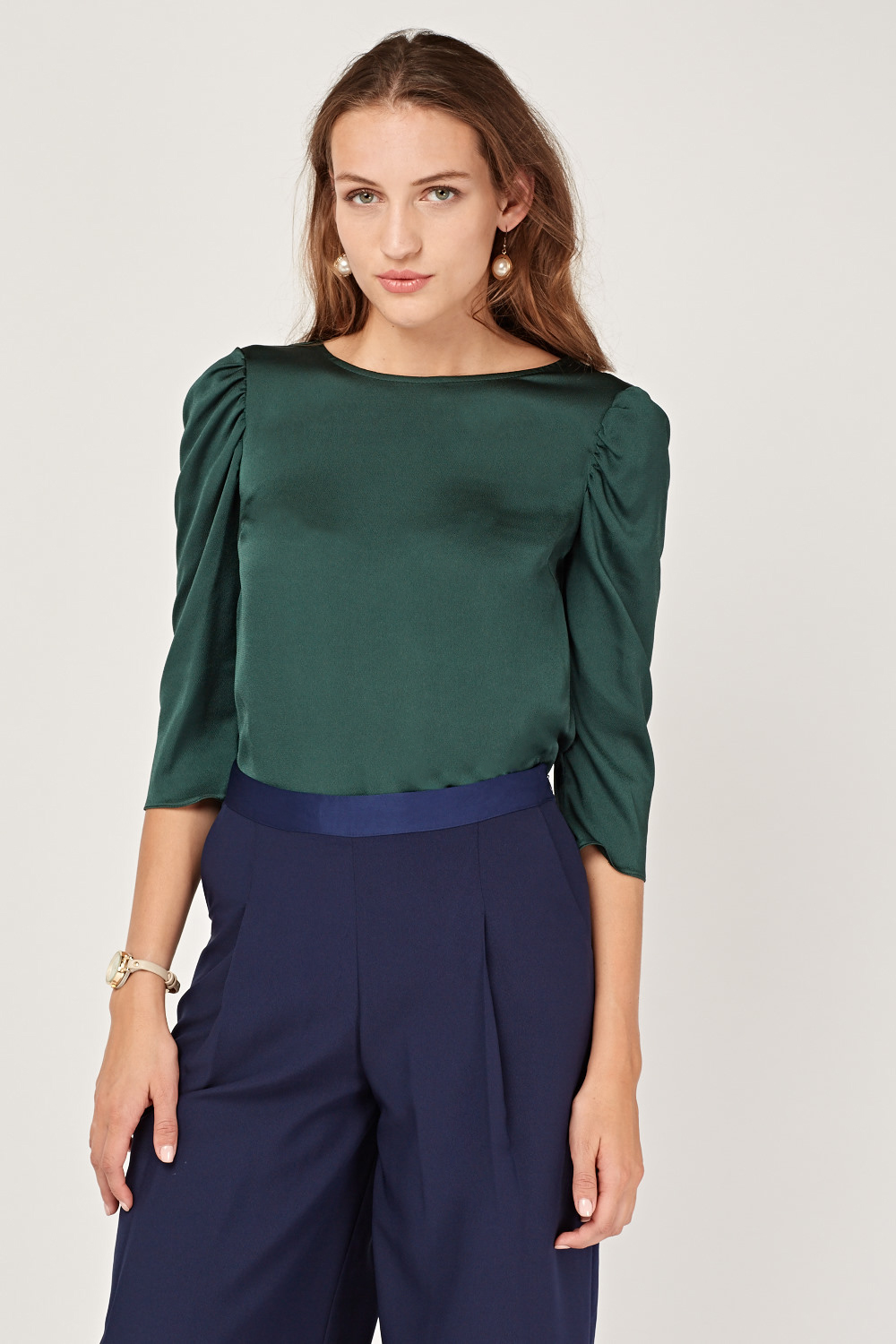 Ruched Sleeve Dark Green Blouse - Just $7