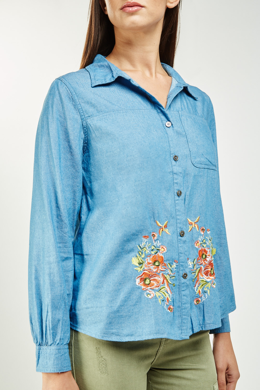 Flower Embroidered Casual Shirt - Blue - Just £5
