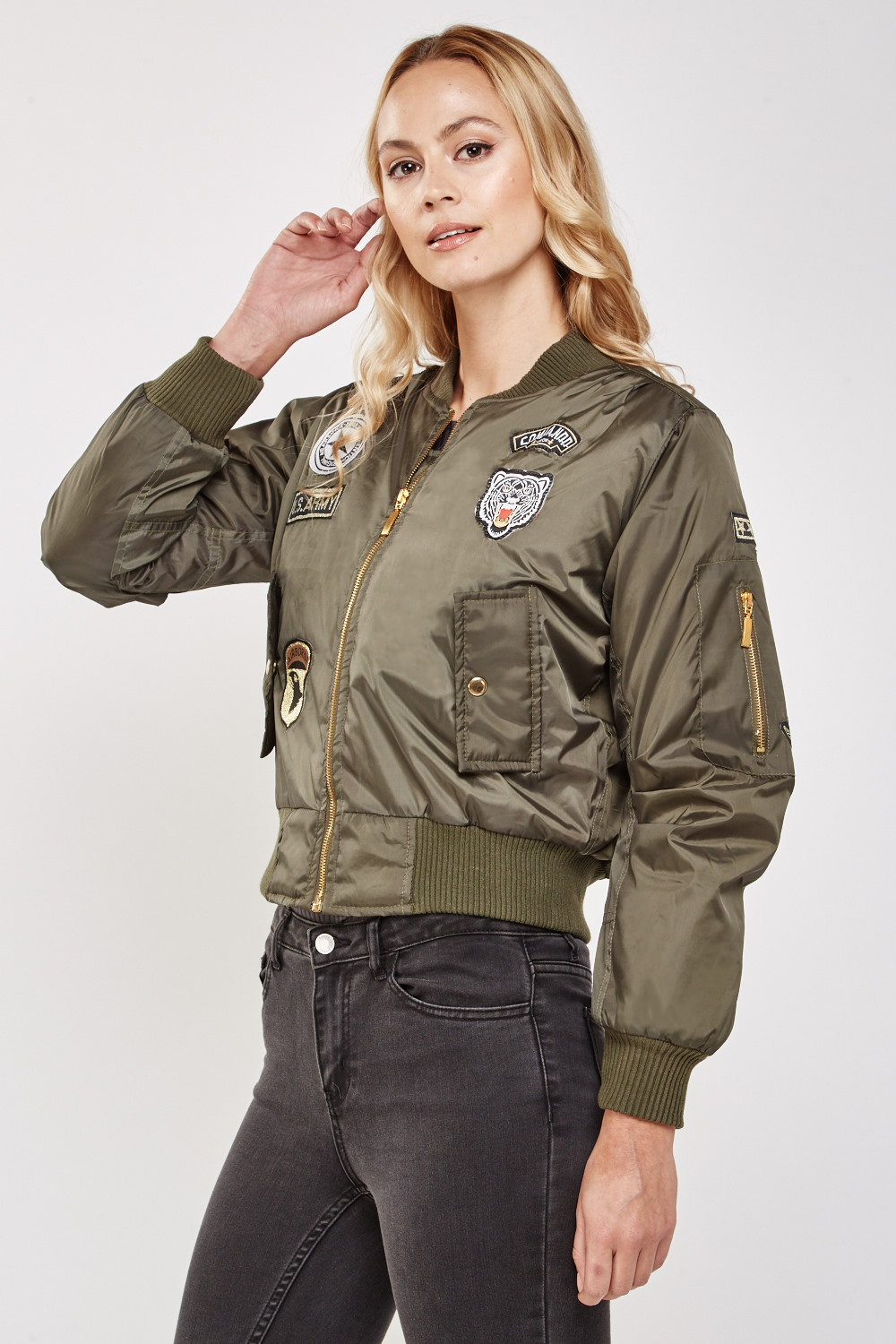 Military Patch Trim Bomber Jacket - Just $7