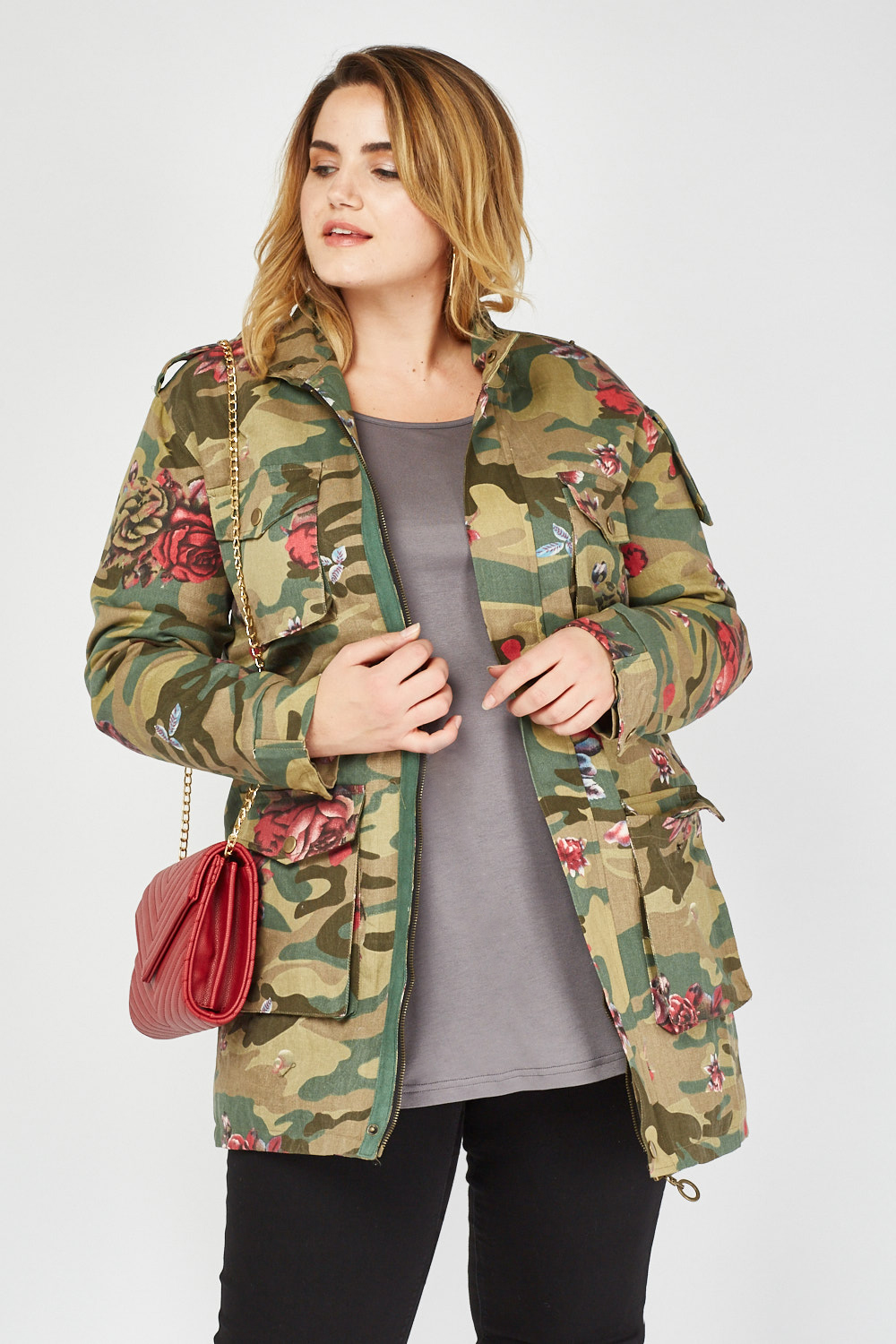 Floral Camouflage Printed Military Jacket - Just $7