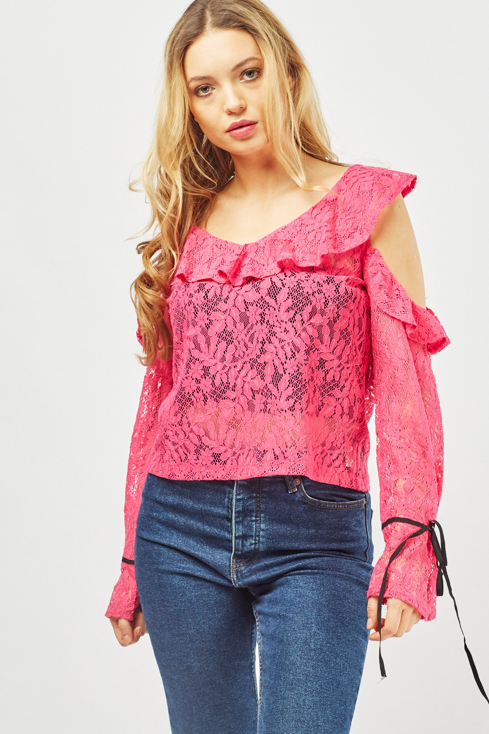 Cold Shoulder Ruffle Lace Top - Just $3