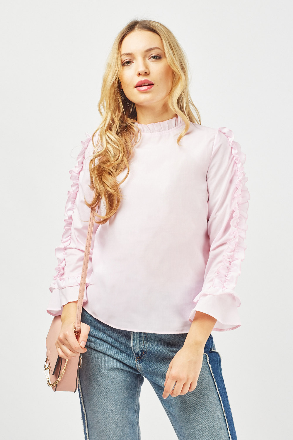 Ruched Ruffle Sleeve Blouse - Just $3