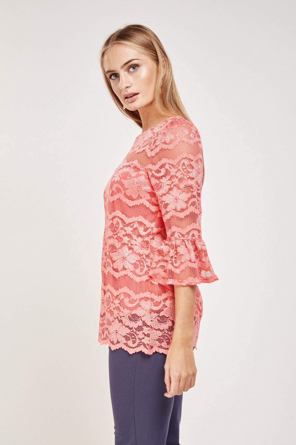 Frilly Sleeve Lace Overlay Top - Just $7