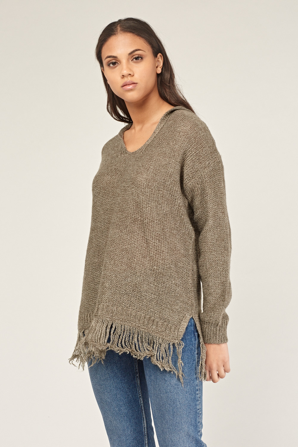 Hooded Fringed Trim Knitted Jumper - Just $7