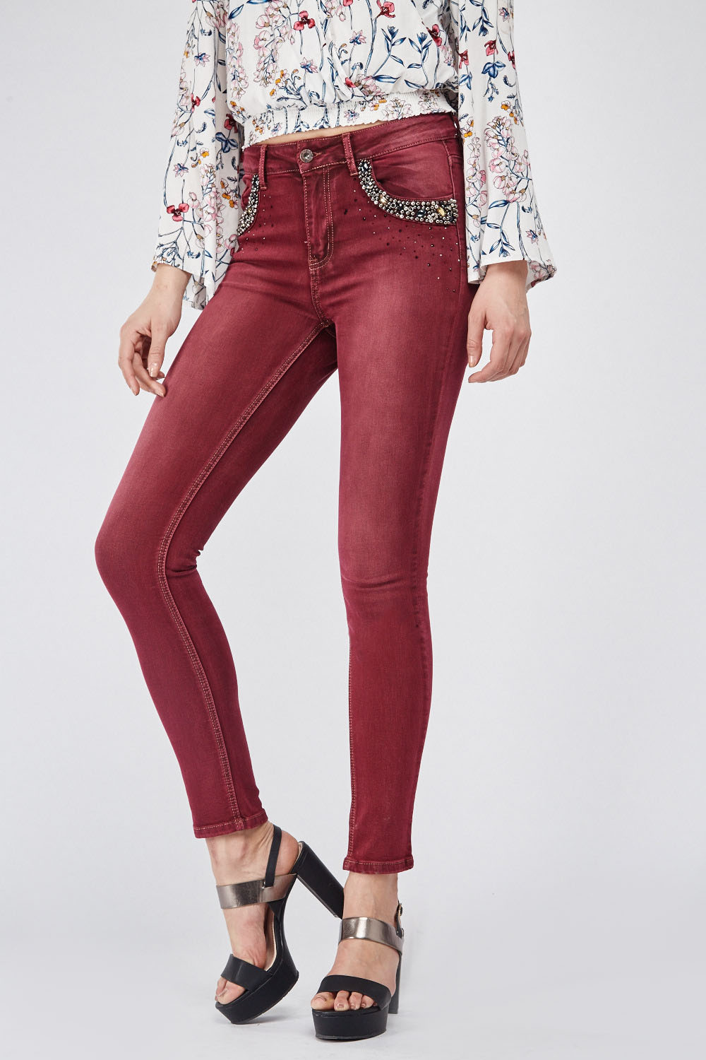 Heavily Embellished Pocket Front Skinny Jeans - Just $3