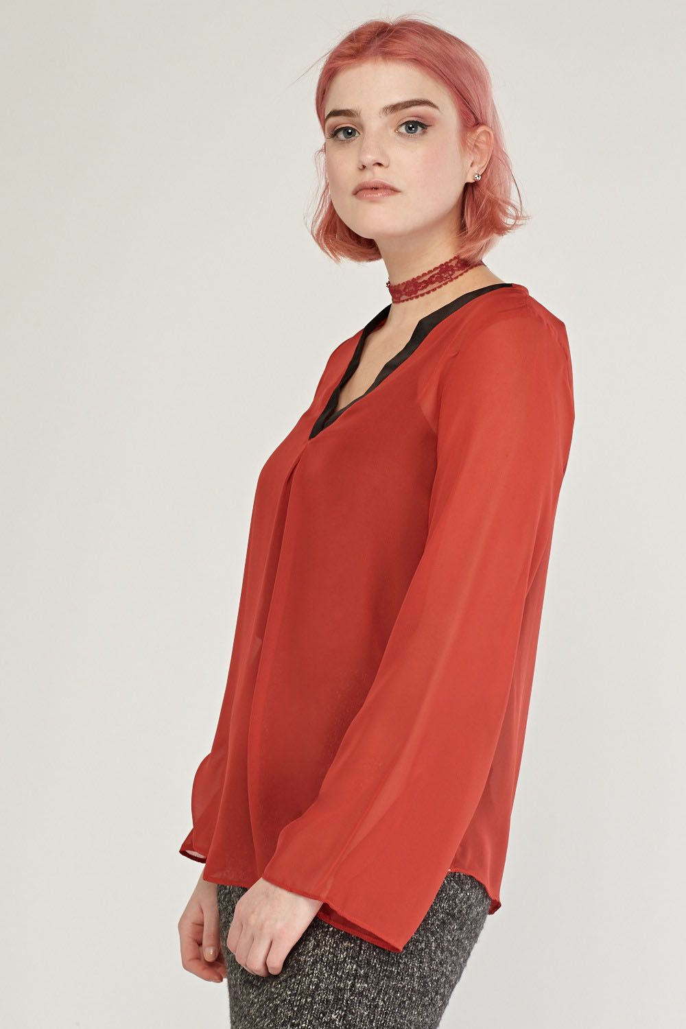 Slit Front Sheer Red Blouse - Just $3