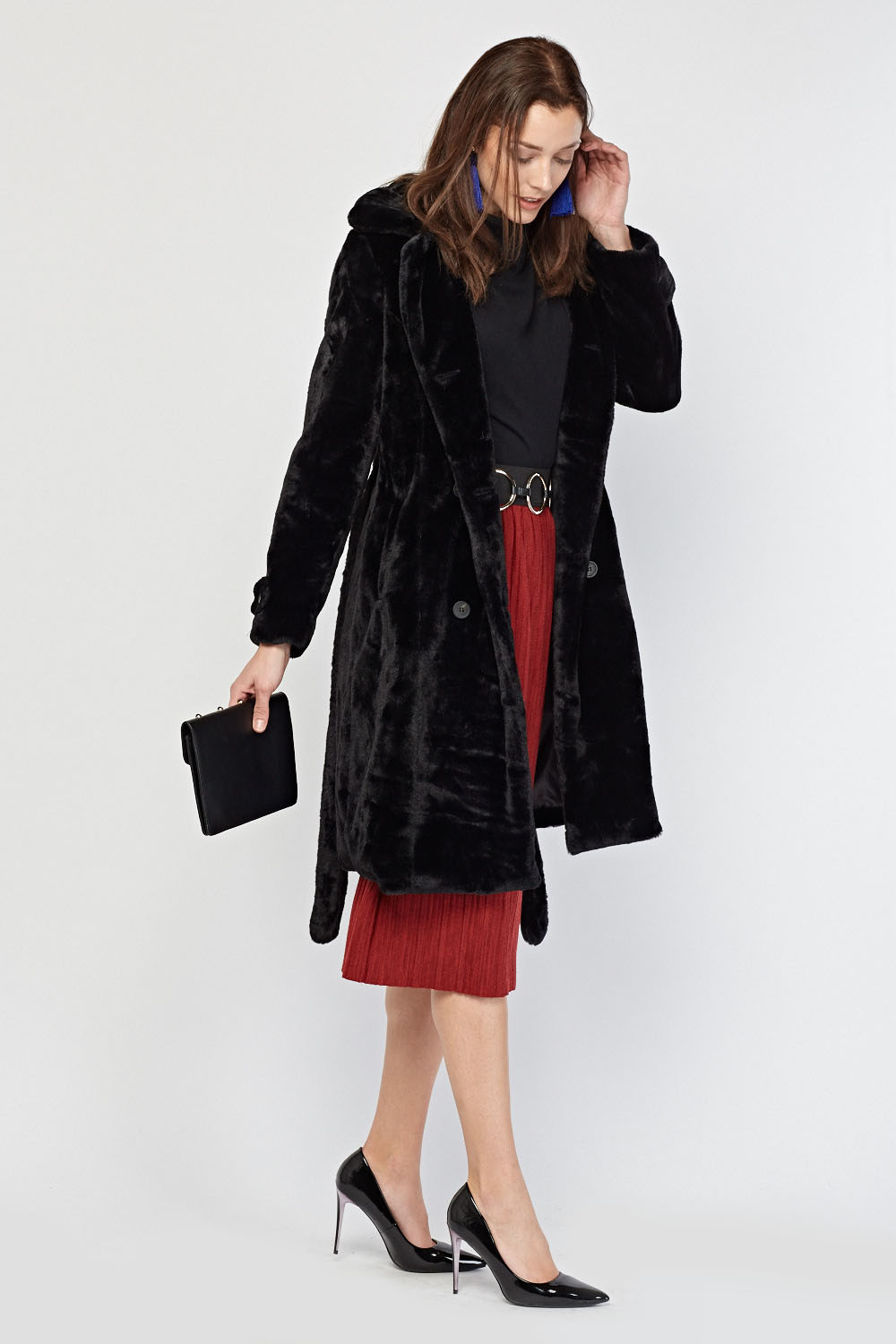 Faux Fur Black Belted Coat - Limited edition | Discount Designer Stock