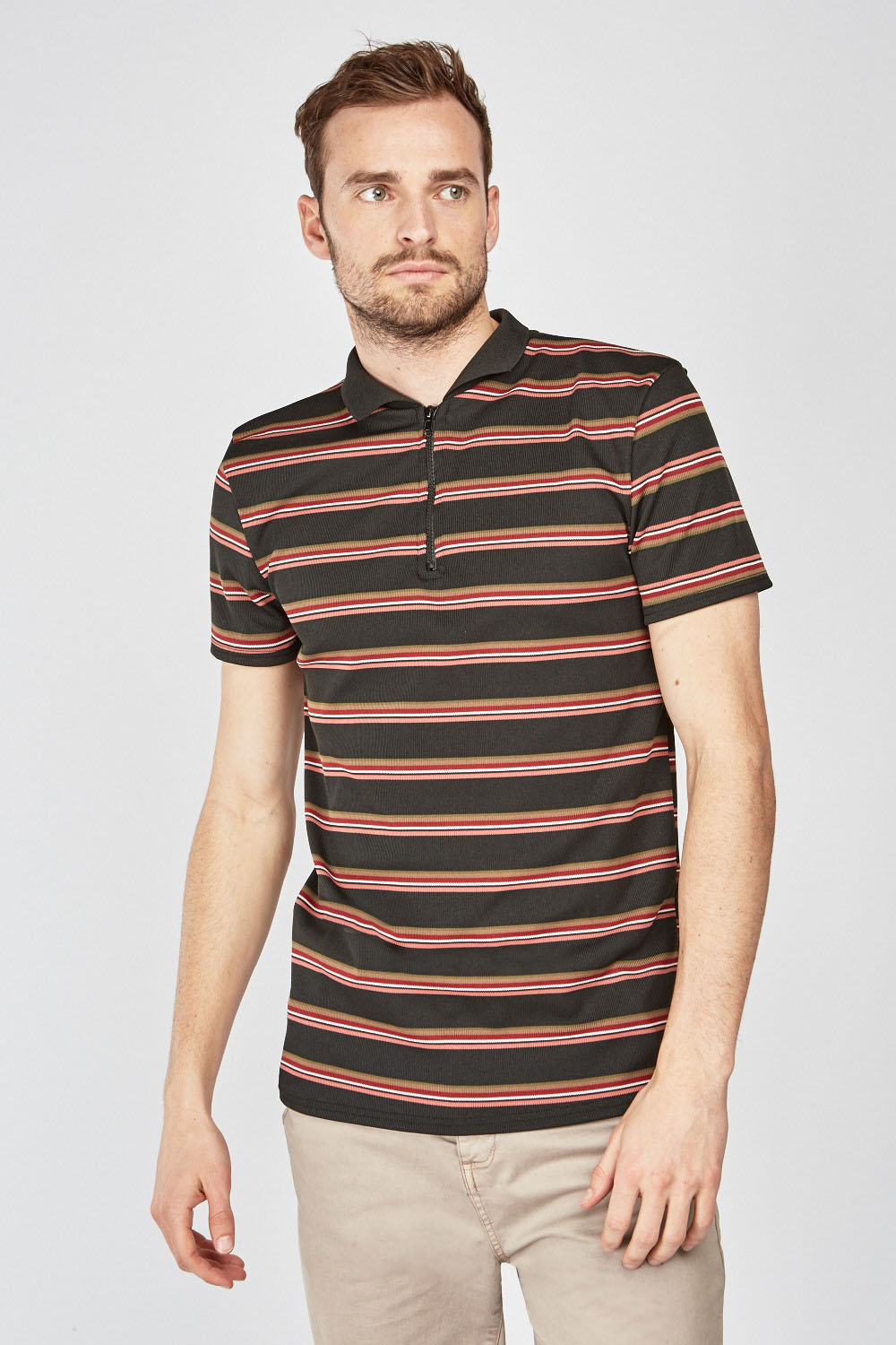 Zip Up Striped Polo Shirt - Just $7