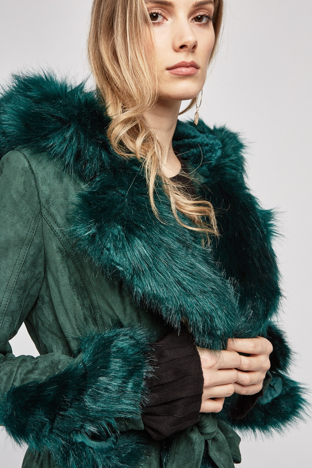 Belted Faux Fur Trim Coat - Forest Green - Just $50