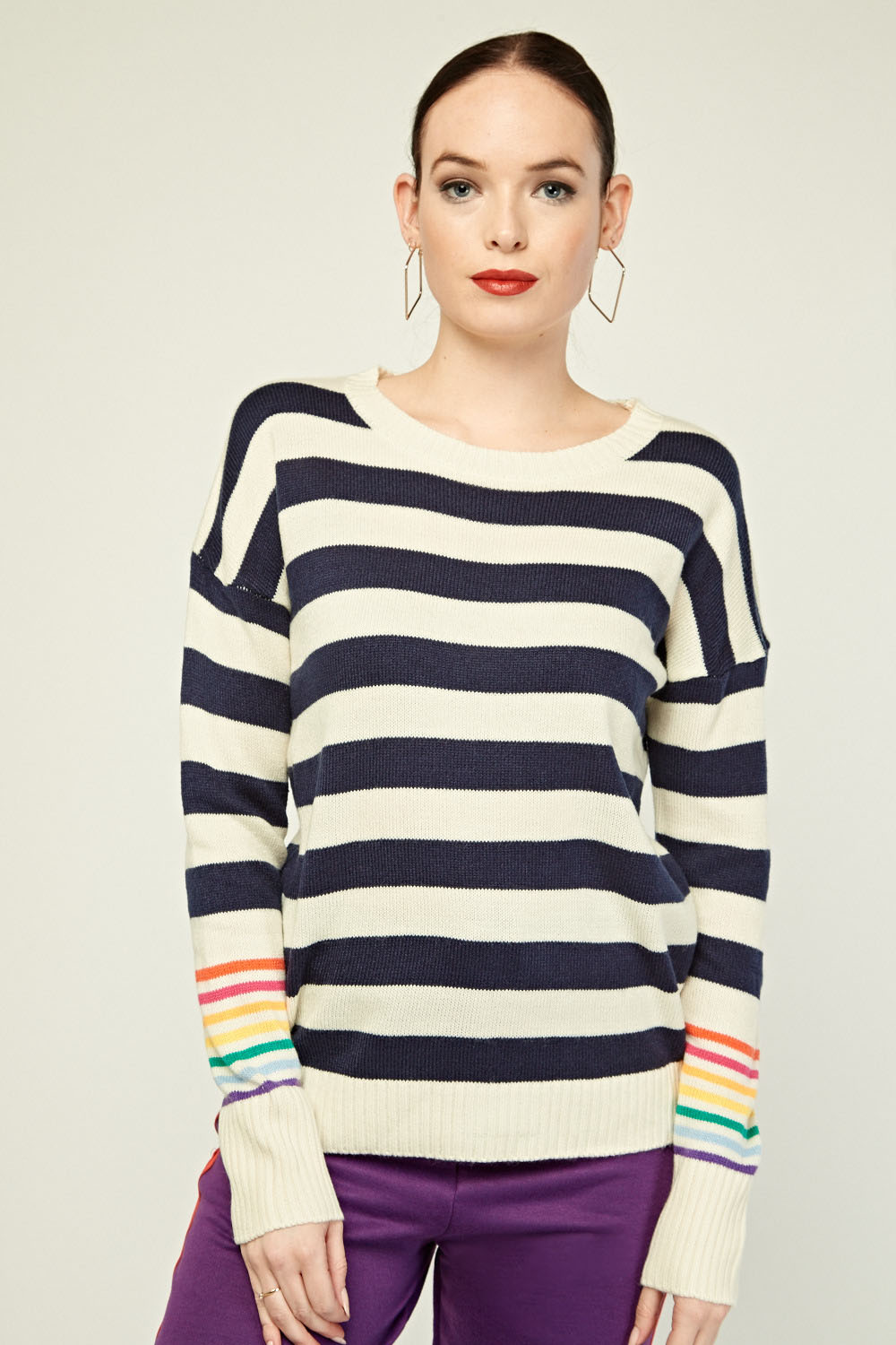 Striped Ribbed Trim Knit Top - Just $7