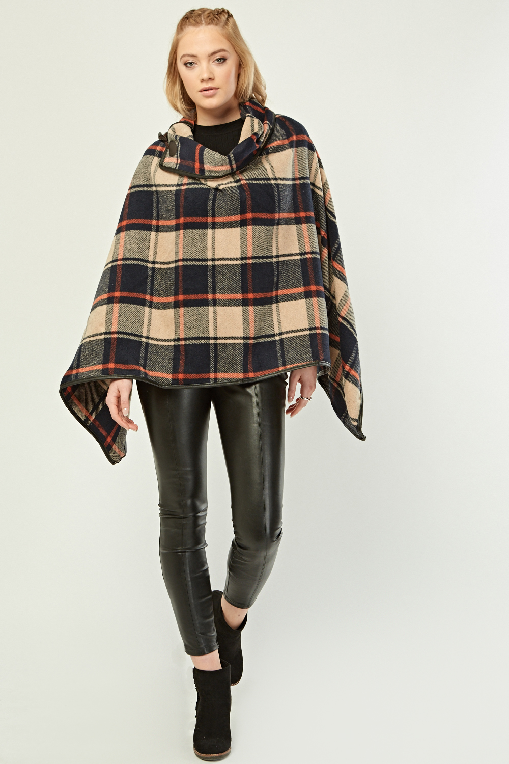 Checkered Toggle Front Poncho - Brown/Multi or Beige/Multi - Just £5