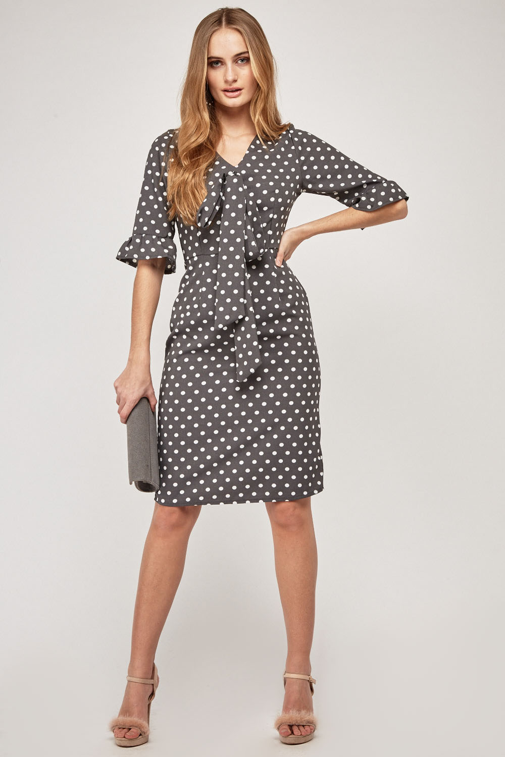 grey dress with white polka dots