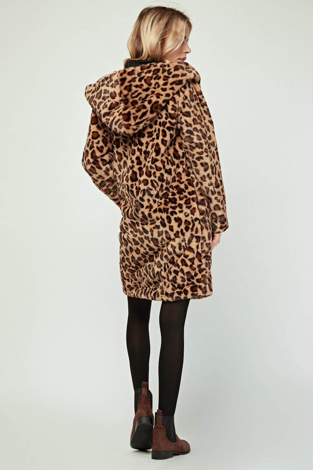 Leopard Print Faux Fur Hooded Coat - Just $48