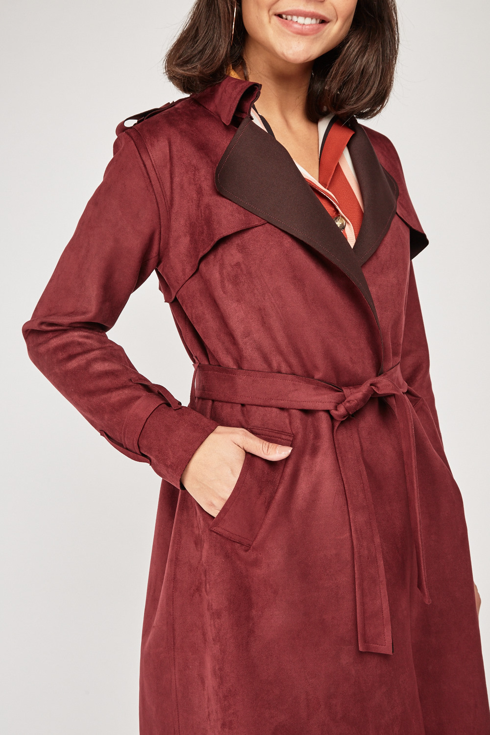 Tie Up Faux Suede Trench Coat - Just $7