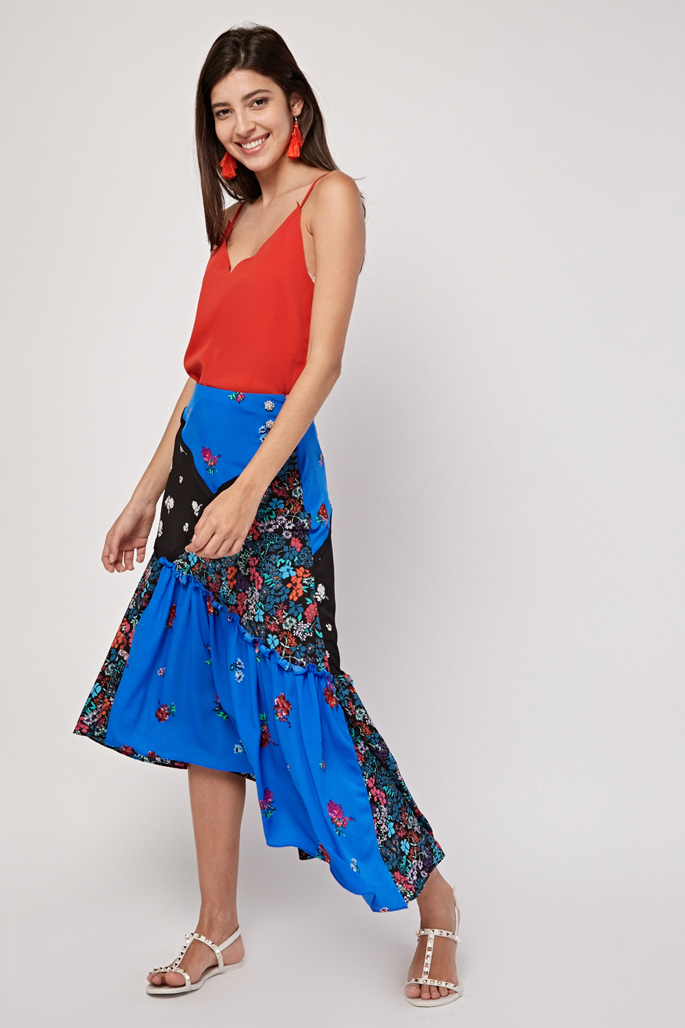 Floral Contrast Asymmetric Skirt - Blue/Multi - Just £5