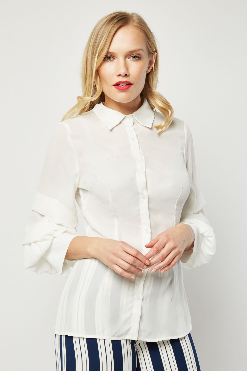 Ruffle Tier Sleeve Sheer Blouse - Off White - Just £6