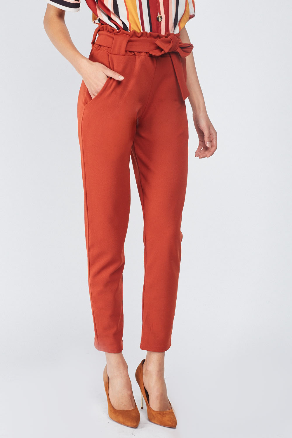 Belted Tapered Rust Trousers - Just $6
