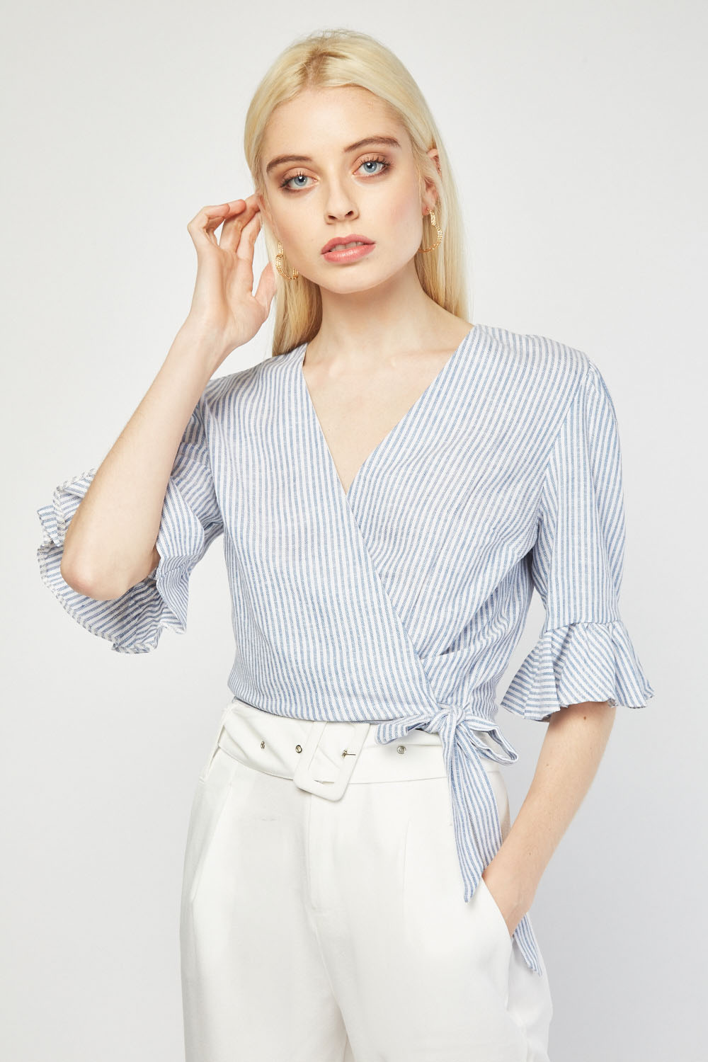 Tie Up Partly Linen Wrap Blouse - Just $7