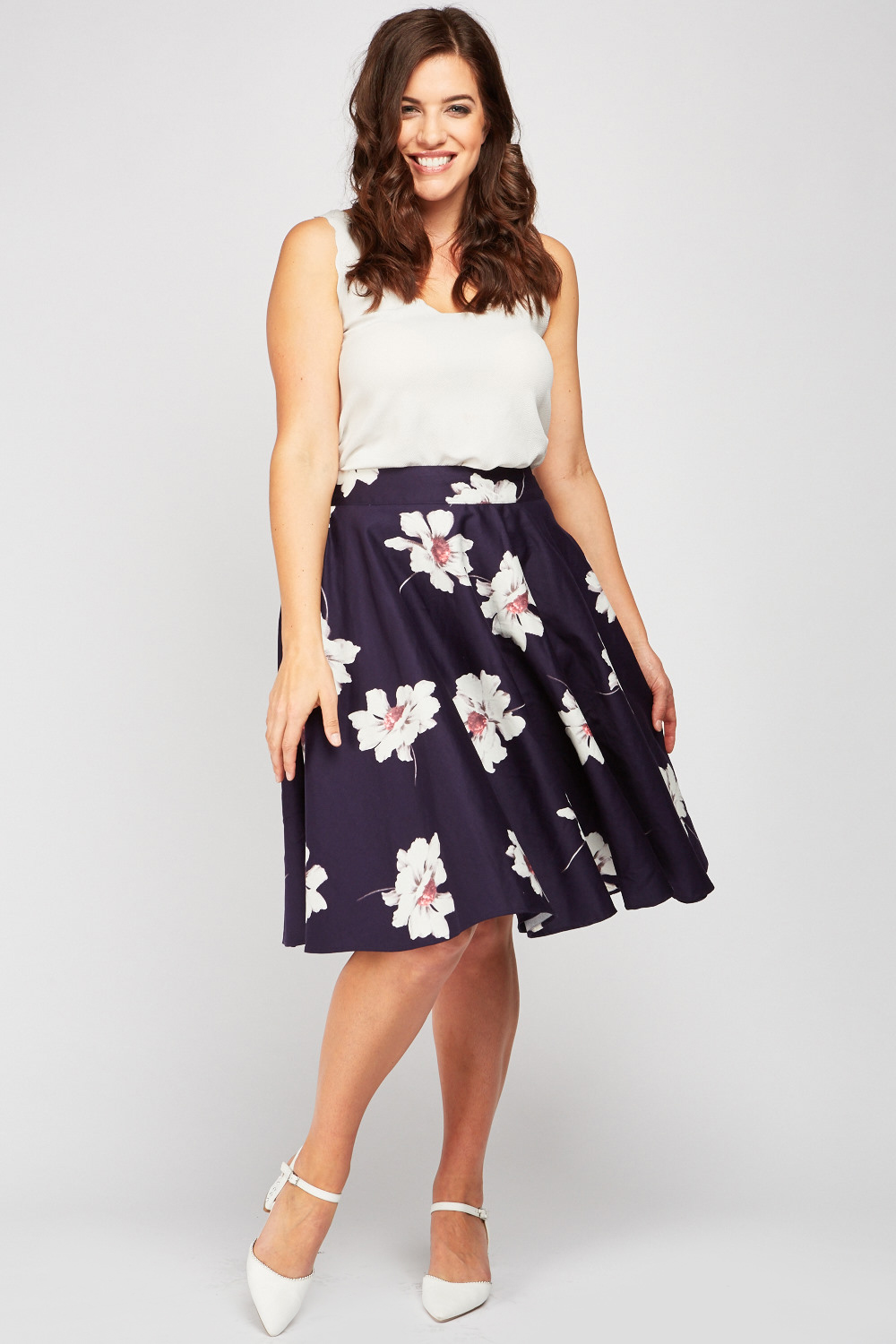 Flower Print Midi Flared Skirt - Just $6