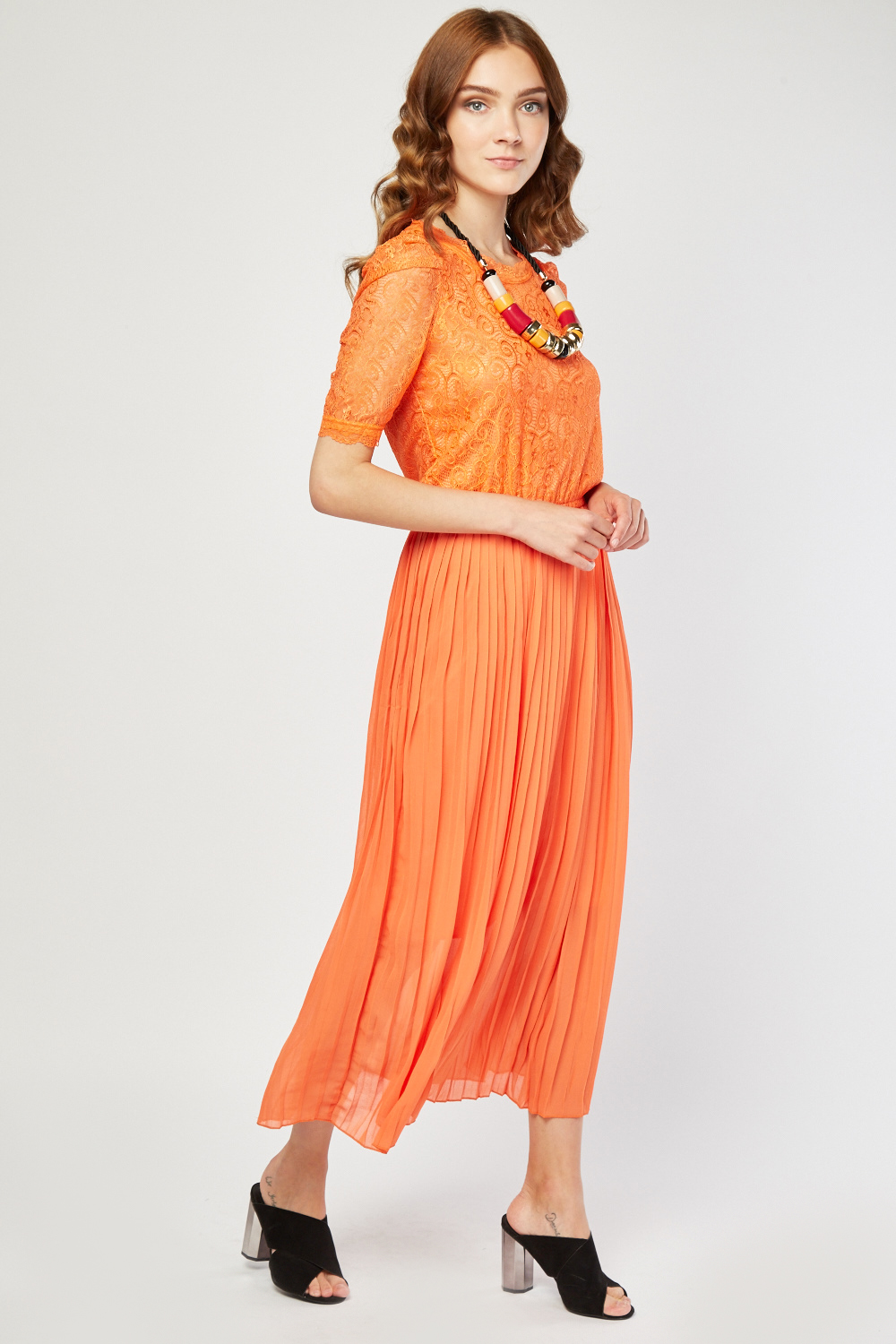 Lace Bodice Chiffon Pleated Dress - Just $7