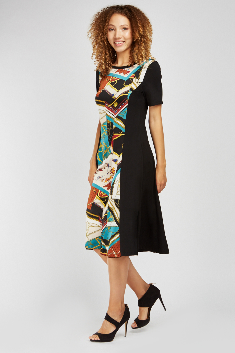 Scarf Print Contrast Midi Dress - Just $3