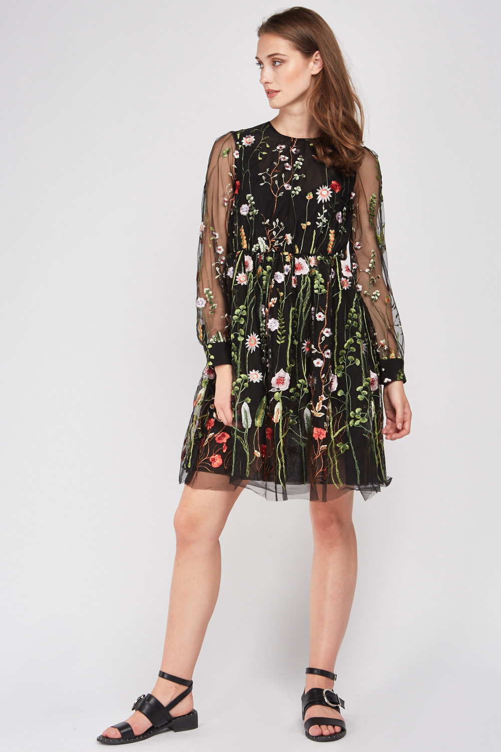 black mesh dress with flowers