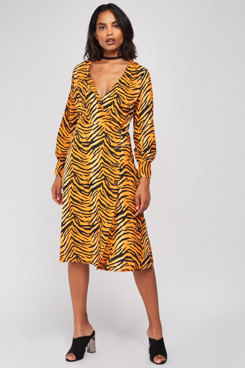 Tiger Print Midi Wrap Dress - Just $7