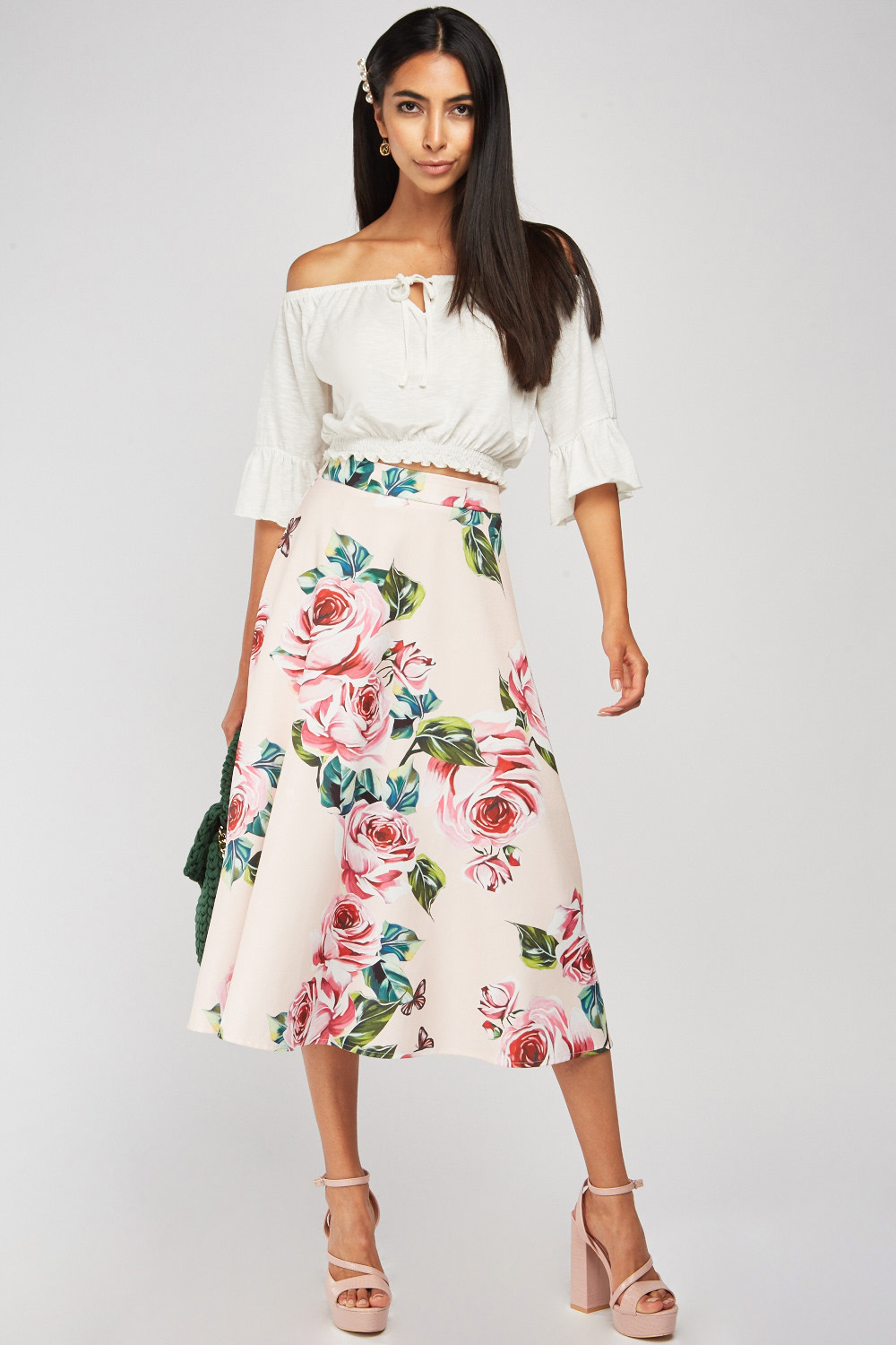 Large Rose Print Pleated Skirt - Just $7