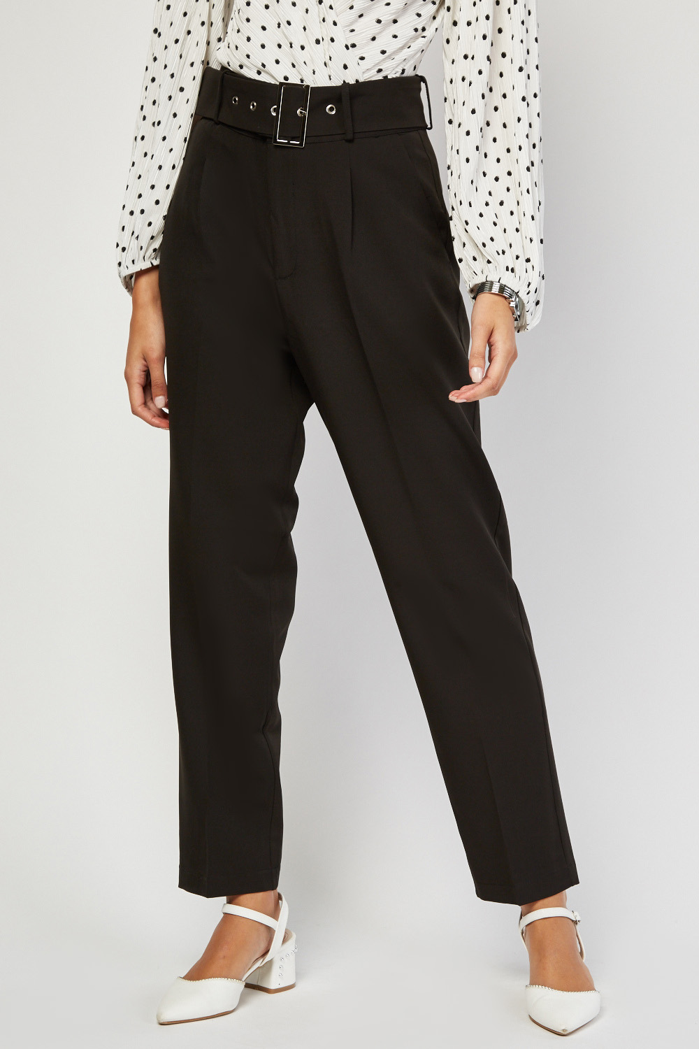 Belted High Waist Tapered Trousers - Just $3