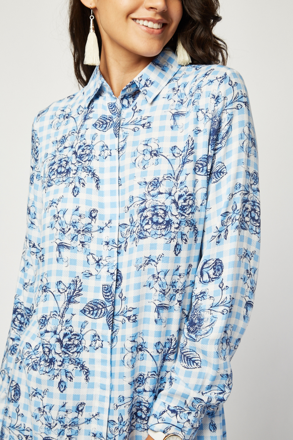 Gingham Floral Print Shirt Dress - Just $7