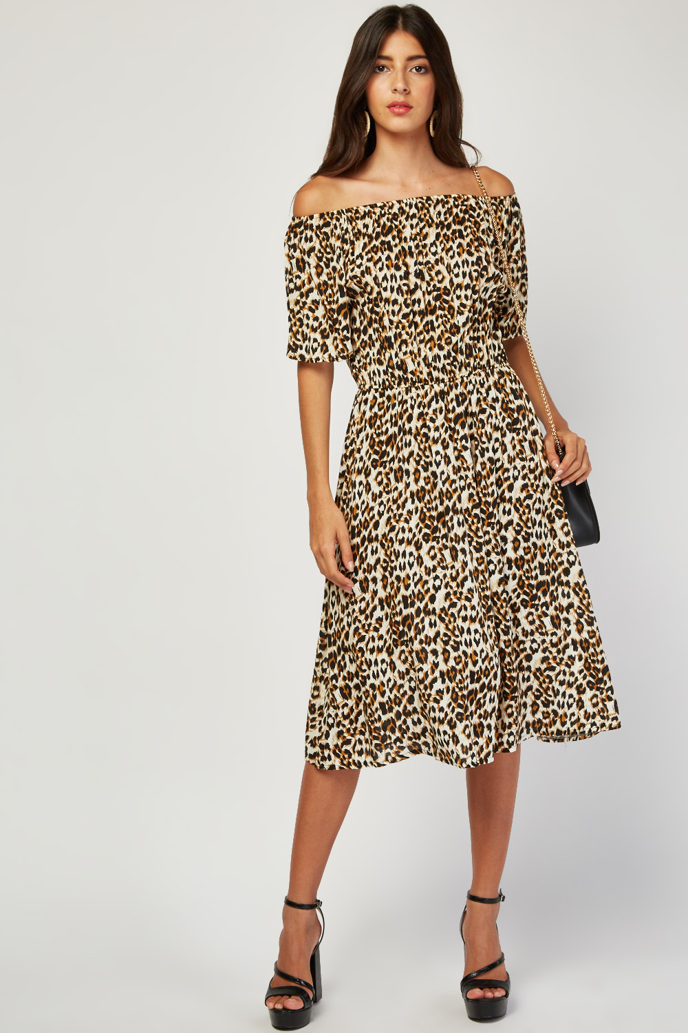 Off Shoulder Midi Leopard Print Dress - Just $7