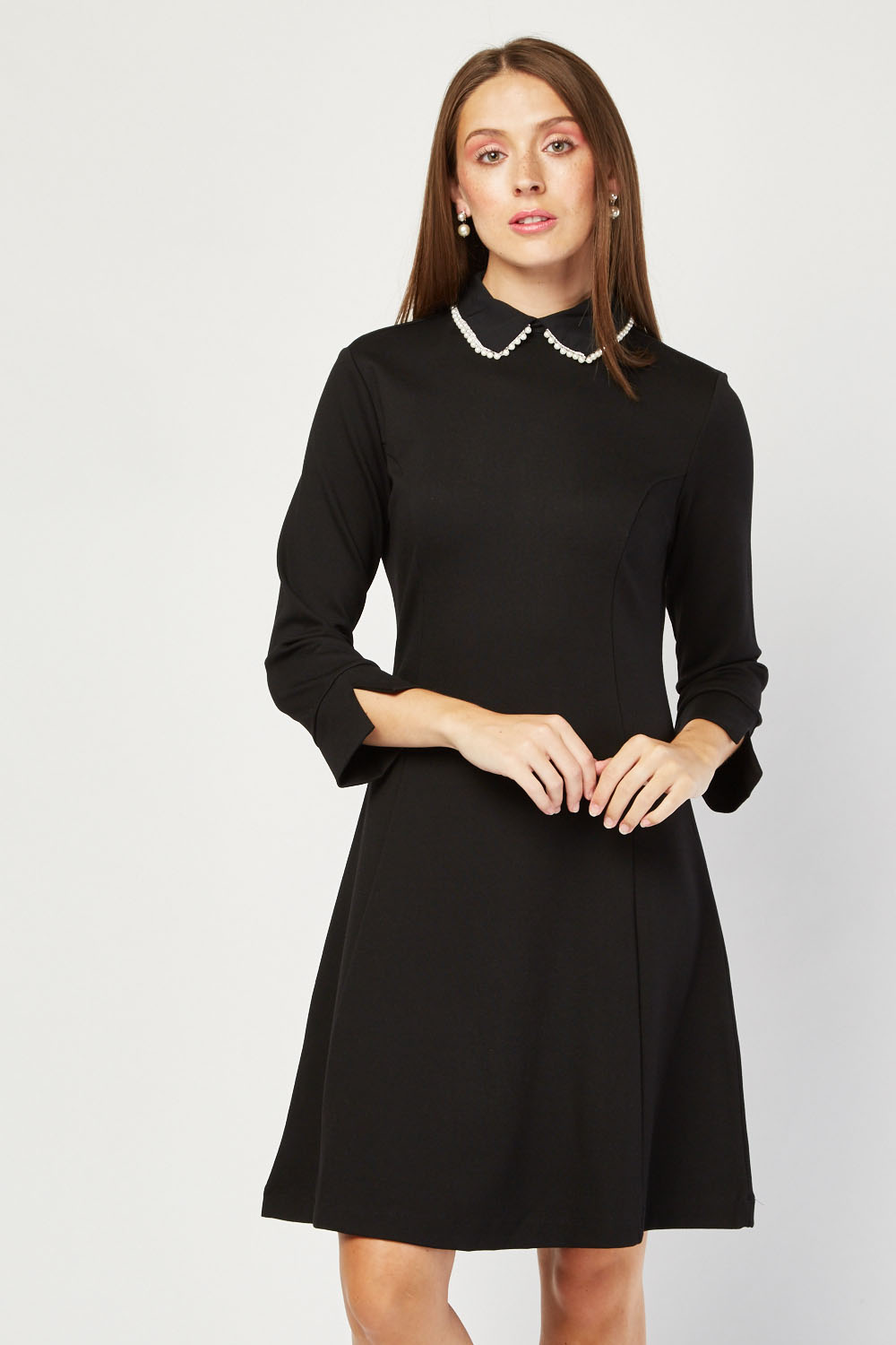 Faux Pearl Collared A-Line Dress - Just $7