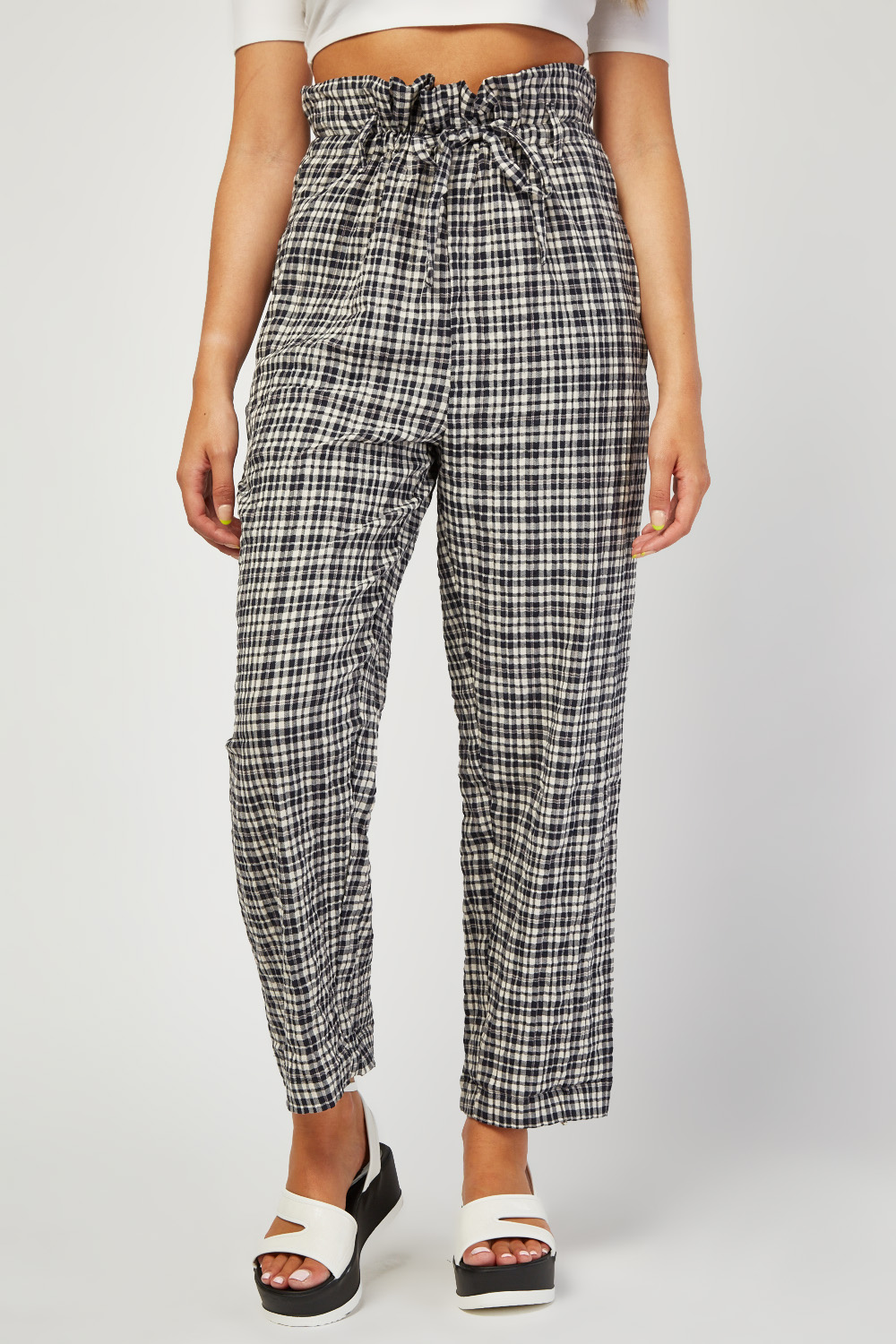 Crinkled High Waist Checkered Trousers - Just $7
