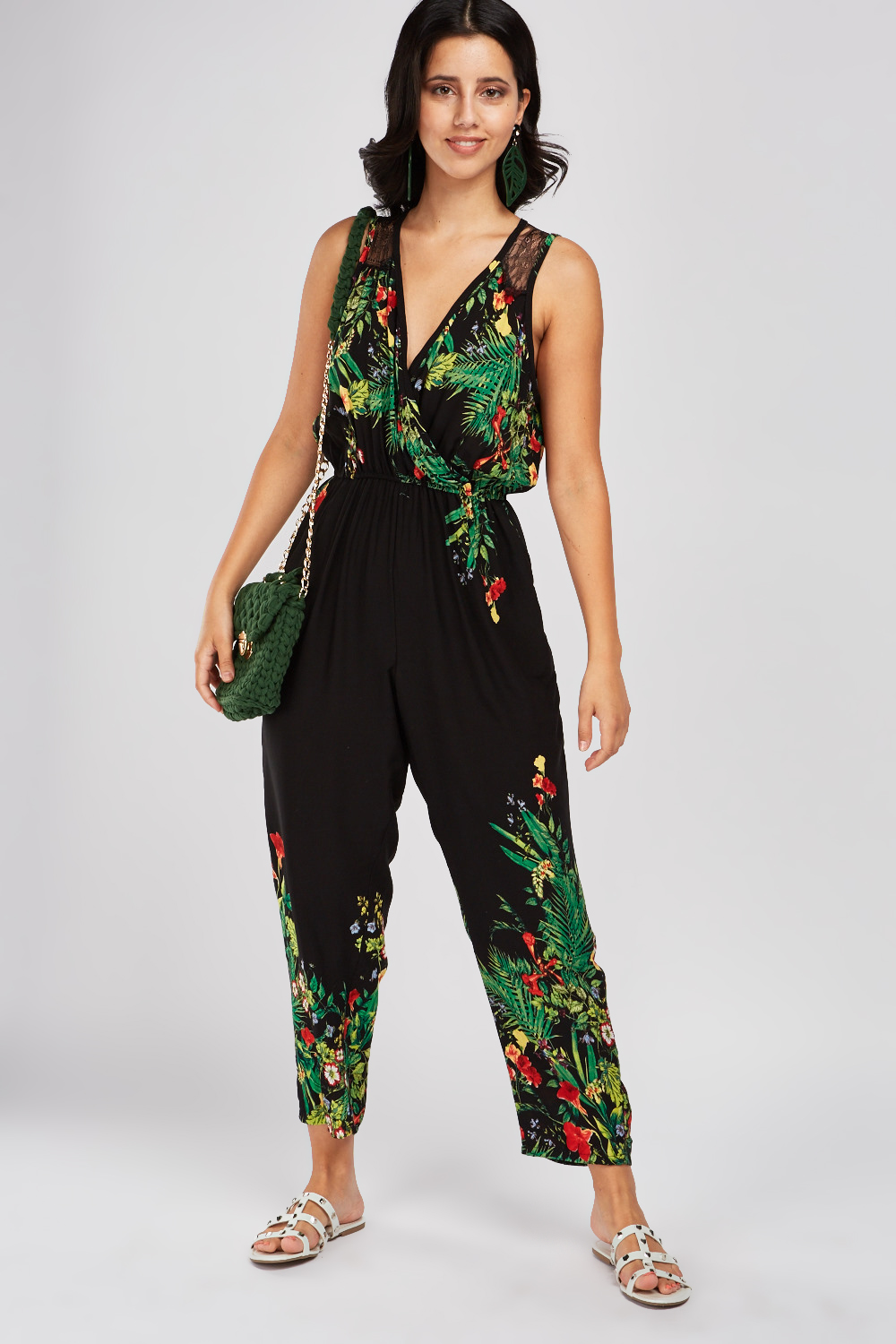 Tropical Print Lace Trim Jumpsuit - Just $7