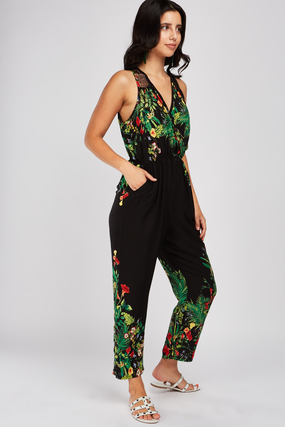 Tropical Print Lace Trim Jumpsuit - Just $6