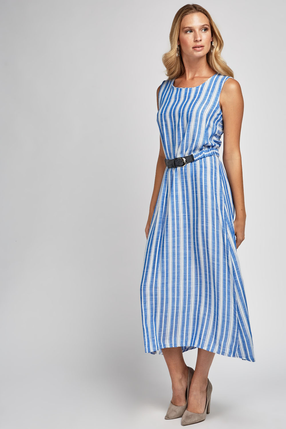 Belted Waist Stripe Midi Dress - Just $7
