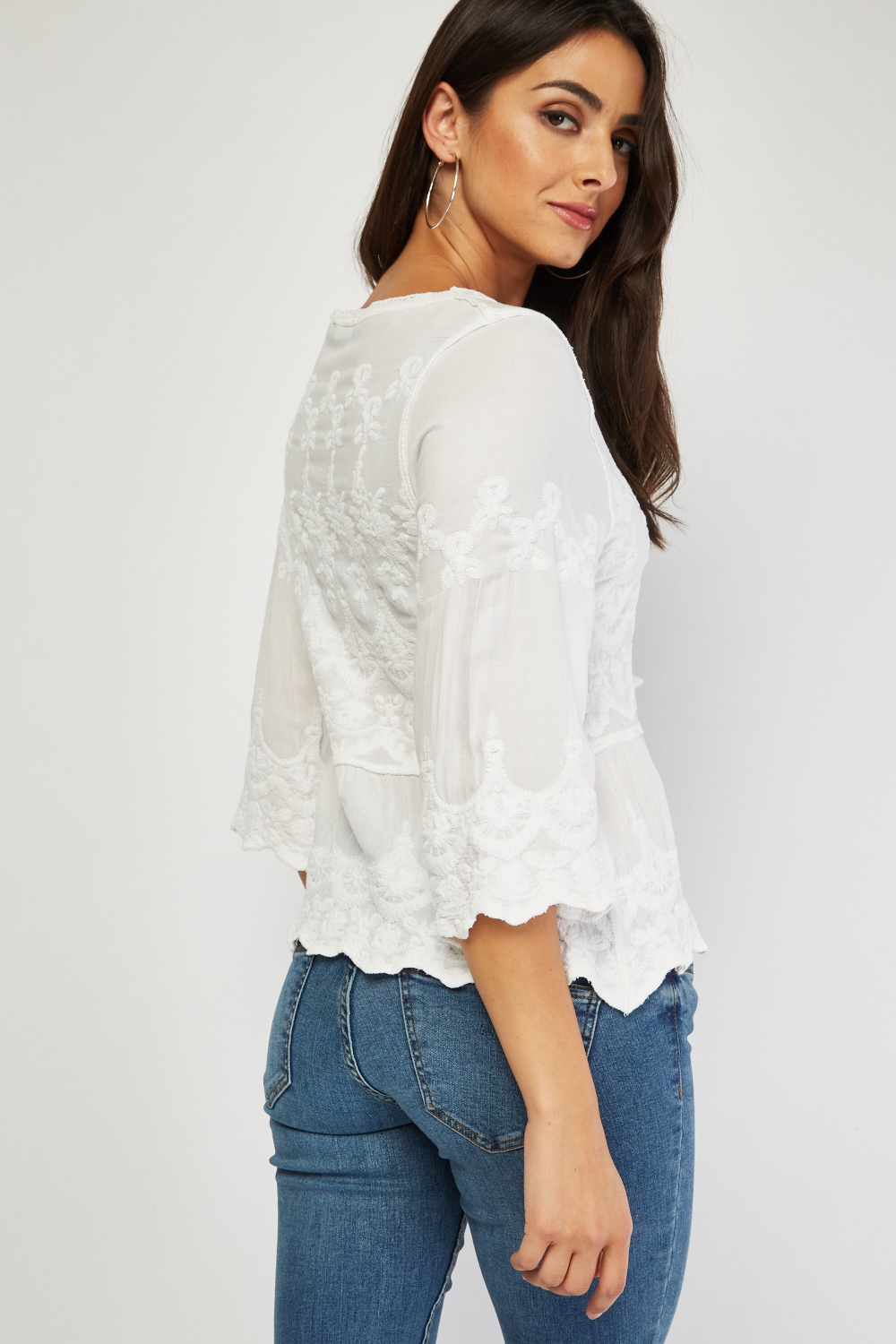 Embroidered Lace Up Tassel Blouse - White - Just £5