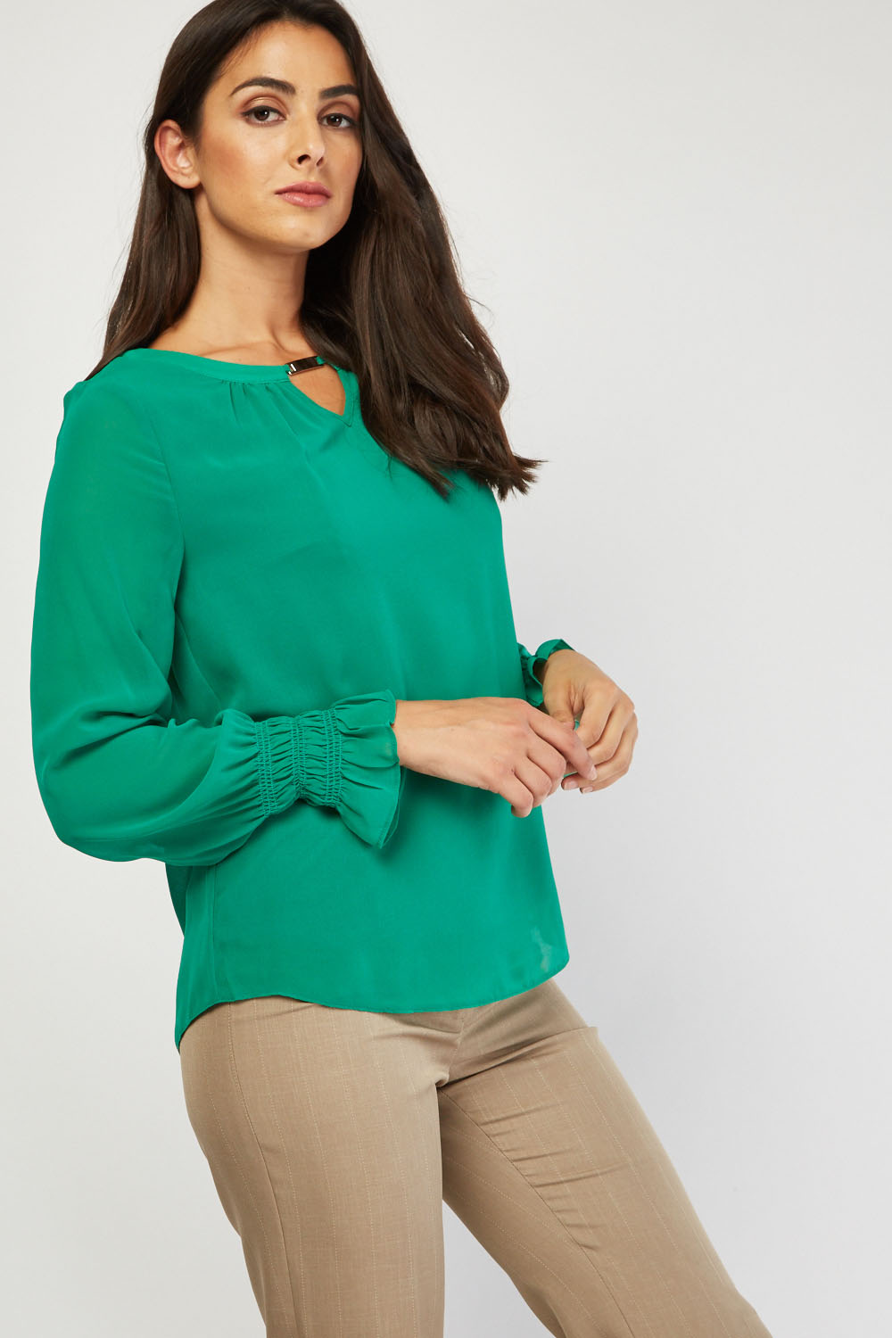 Shirred Sleeve Sheer Green Blouse - Just $7