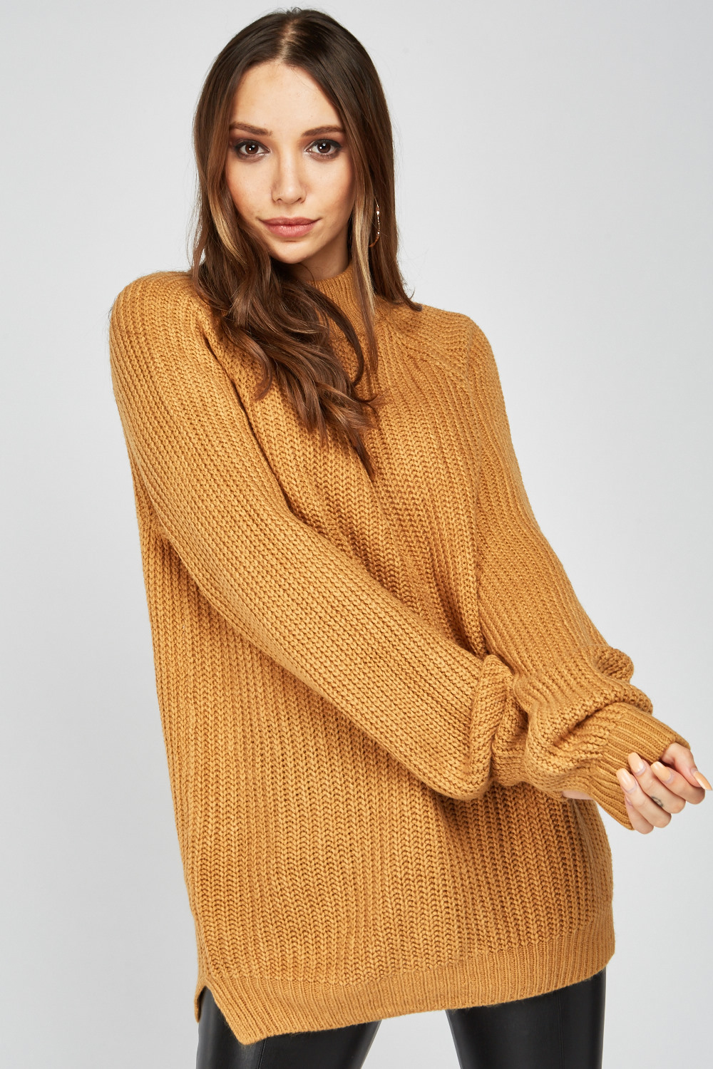 Funnel Neck Herringbone Knit Jumper - Just $7