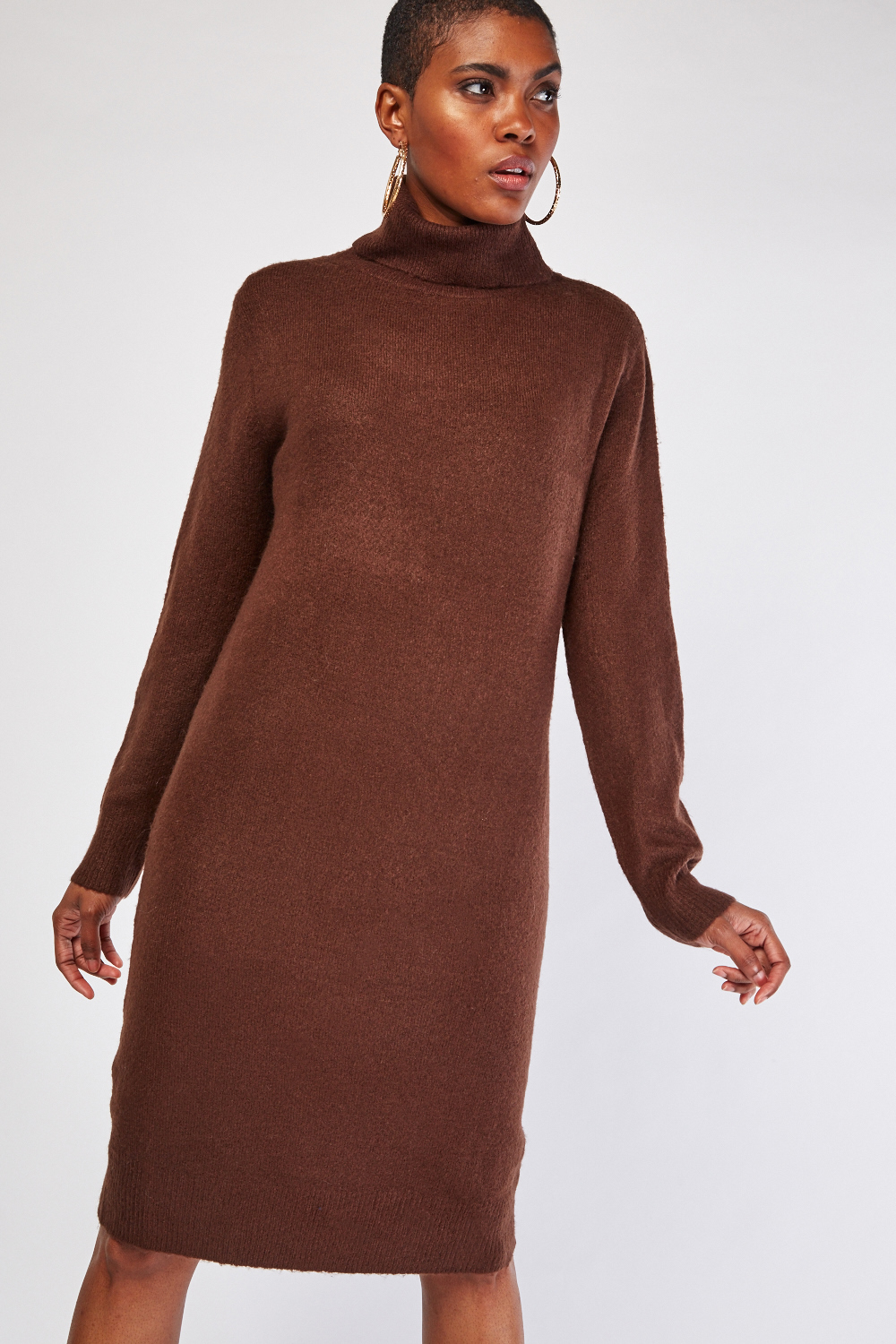 brown printed funnel neck jumper dress